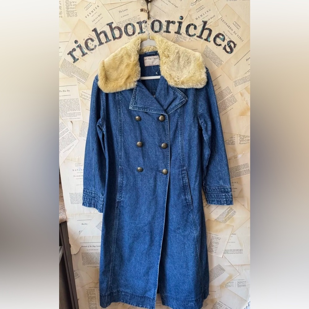 Free People Gracie Long Denim Coat We The Free Faux Fur Collar Double Breast